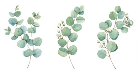 Elegant watercolor compositions of eucalyptus branches and leafy greens with soft tones and delicate white blossoms on white background