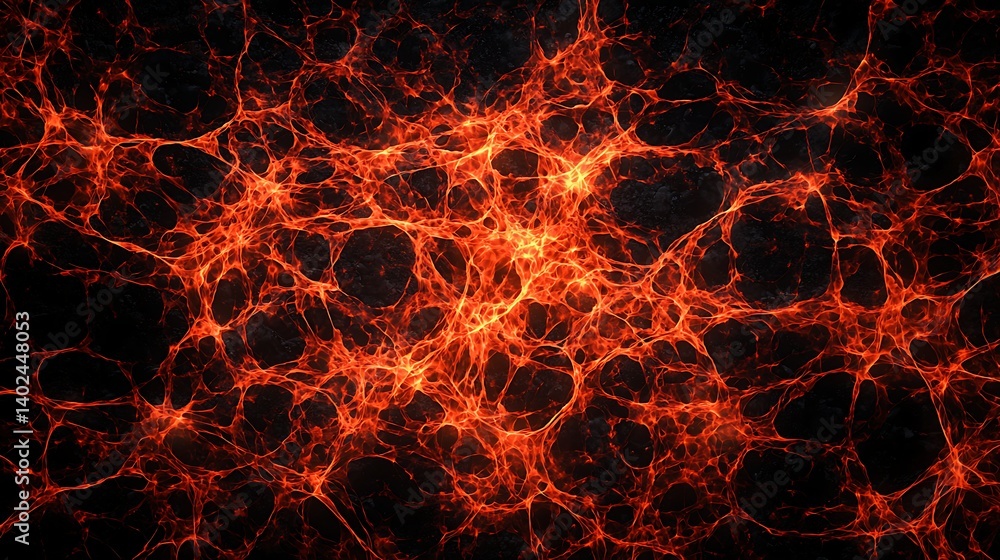 Poster an abstract image featuring interconnected, glowing orange lines against a dark background, resembli