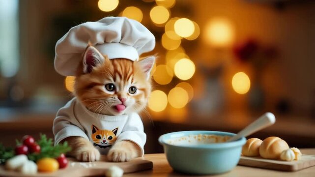 A whimsical and cozy scene featuring a cute small, happy fluffy kitten cooking in the kitchen