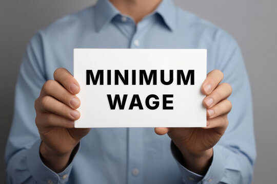 Minimum Wage text words phrase on a sign in the hands of a worker