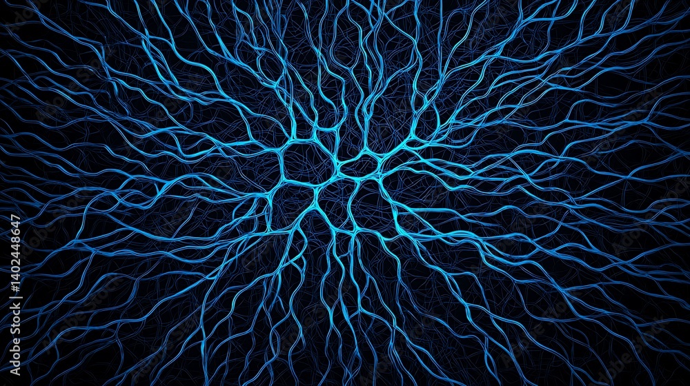 Poster an abstract image depicting a network of blue lines radiating from a central point, resembling neura