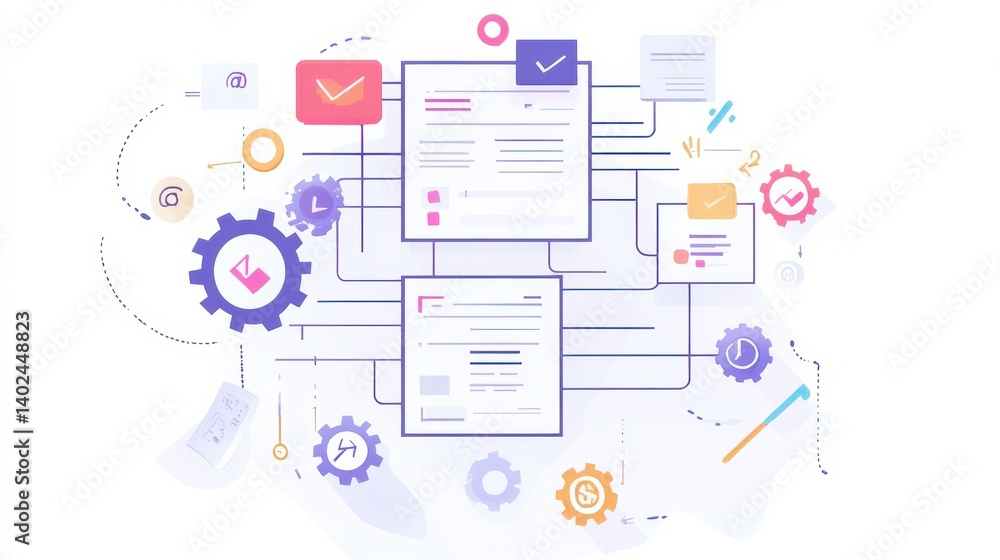 Poster abstract digital document workflow concept with interconnected gears and flowcharts, illustrating au