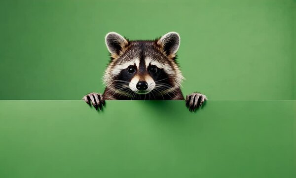 green screen video shows inquisitive raccoon curiously peeking out from vibrant green background perfect for post production editing