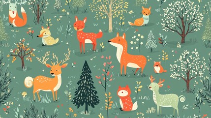 Woodland animals in a vibrant forest scene.  A seamless pattern design featuring various cute animals like deer, foxes, and a mix of colorful trees, leaves, and bushes