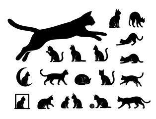 Fototapeta premium A collection of cat silhouettes showcasing various poses, from jumping to resting, highlighting the playful and serene nature of felines.