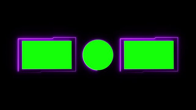 Neon green screen animation within the end screen frame for videos. YouTube channel, subscribe prompt, video preview, branding and editable template