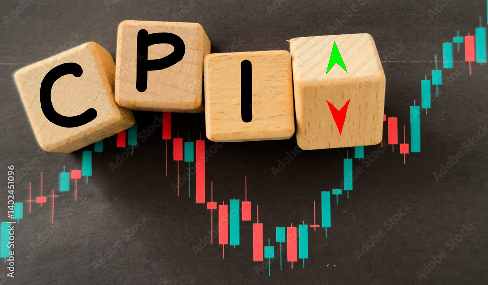 Poster cpi, consumer price index symbol.wooden block with words cpi with shopping basket and stack coin bac
