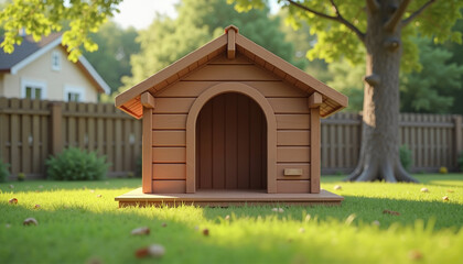 Classic wooden doghouse with pitched roof in grassy backyard

