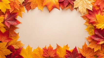 This image features a beautiful rectangular border of vibrant autumn leaves, mostly maple, displaying rich hues of red, orange, and yellow on a light beige surface, perfect for seasonal themes
