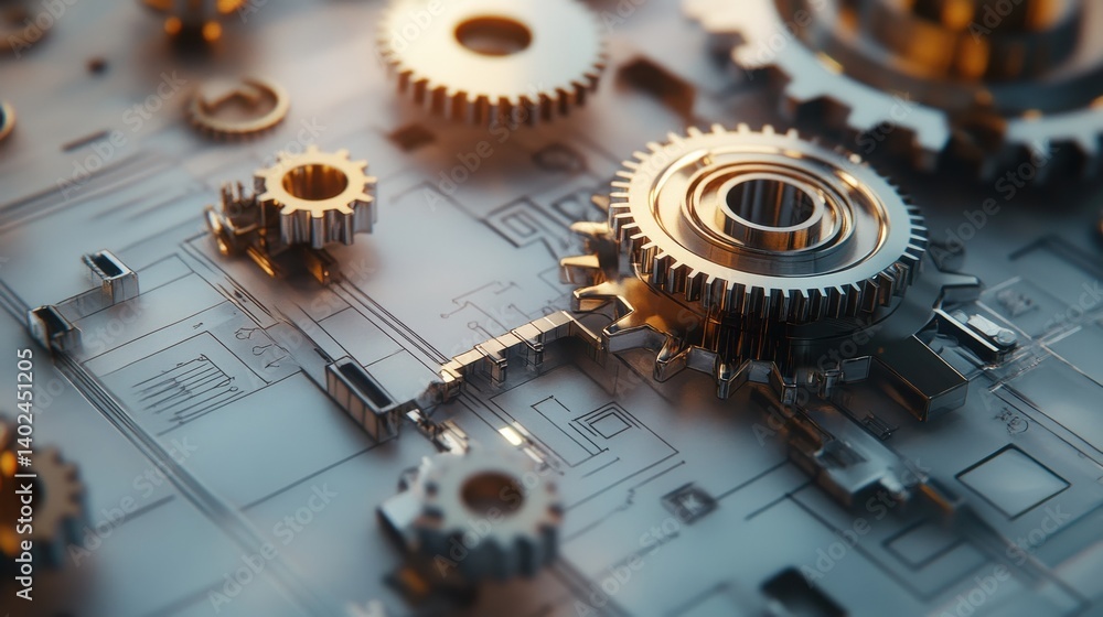 Poster abstract digital document workflow concept with interconnected gears and flowcharts, illustrating au