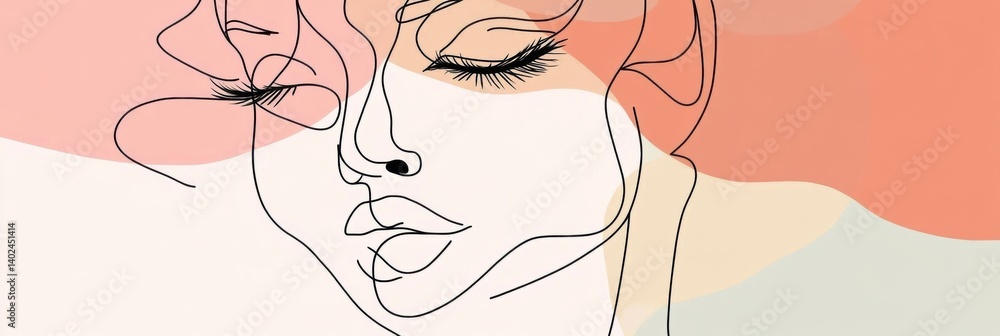 Poster single line art face drawing featuring abstract fashion elements with minimal pastel colors on a cle