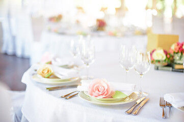 Elegant table arrangement featuring plates, glasses, and a centerpiece adorned with soft pink roses, for weddings, celebrations, or fine dining events, exuding a sophisticated and festive atmosphere.