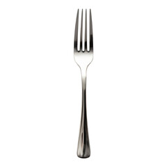 Single silver fork on white background, vertical alignment.