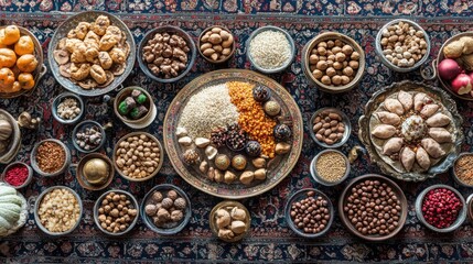 Fototapeta premium Intricate setup with semeni, festive sweets, and nut platters on a luxurious Eastern rug