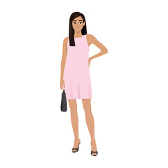 Woman confidently in a sleek white dress, holding a pink clutch and radiating elegance. Flat vector Character illustration