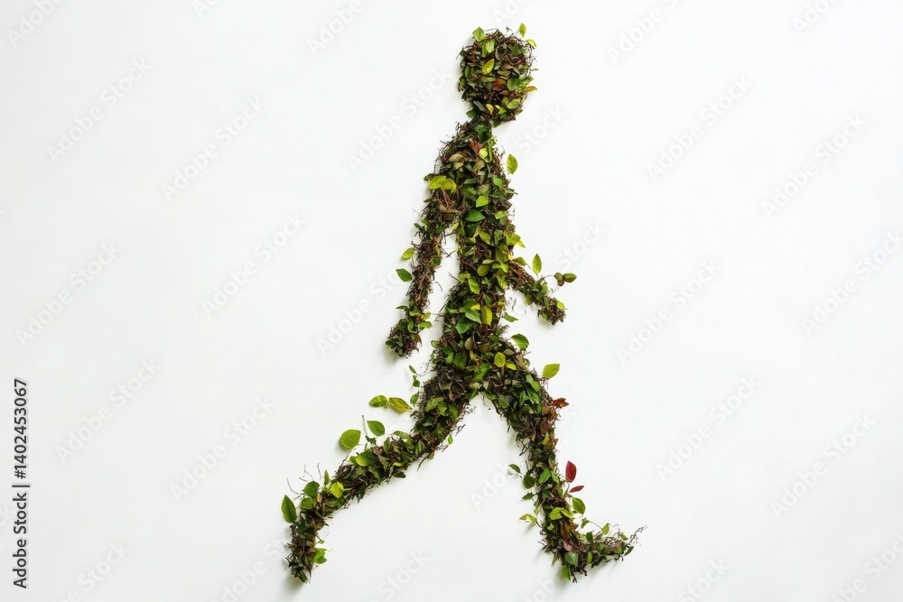 Poster silhouette of a walking figure created from leaves and twigs against a clean white background