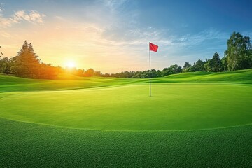 Obraz premium Beautiful Golf Course Green with Red Flag at Sunset on a Sunny Day