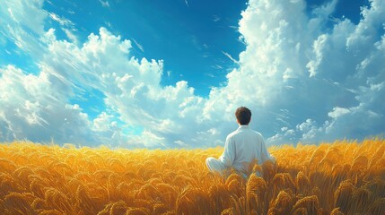 Fototapeta premium Boy sitting in a field of golden wheat under expansive sky