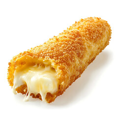 A golden crispy fried mozzarella stick with perfectly seasoned breading, gooey cheese center, and uniform shape
