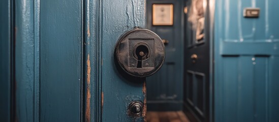 Antique door lock on teal door
