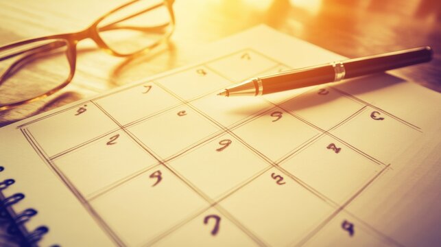 Warm Sepia Toned Close Up of a Desk Calendar with Pen and Glasses