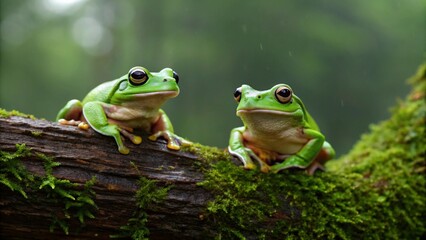 Naklejka premium Two vibrant green and yellow frogs are perched on a moss-covered branch, captured in a close-up shot in their natural habitat