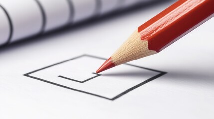 Red pencil marking a checkbox on a ballot paper during an important voting event in a quiet classroom setting