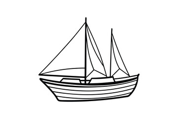 A black and white line art drawing of a vintage sailboat.eps