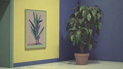 Minimalist Interior with Green Plant and Abstract Art on Yellow and Blue Walls
