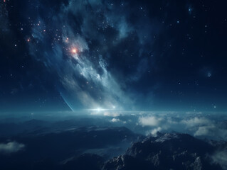 Multi-layered night sky view with stars and clouds, poetic lighting