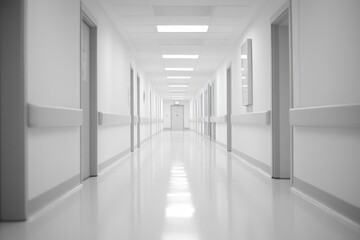 Empty hospital hallway, bright and clean