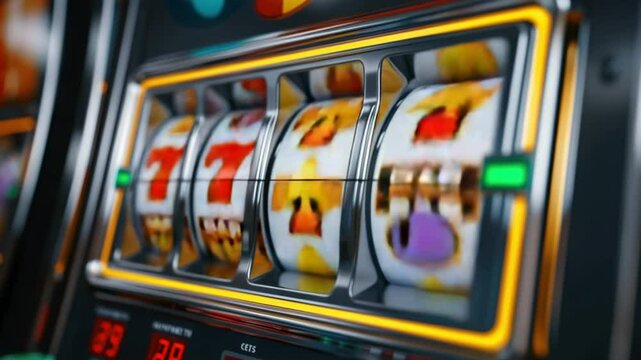 Exciting winning moment at slot machine with triple sevens and bar icons