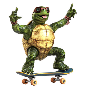 Cartoon turtle character with sunglasses skateboarding and pointing upwards on a transparent background Concept of fun, skateboarding, and positive attitude