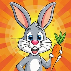 Fototapeta premium Adorable cartoon bunny clutching a carrot, set against a vibrant, colorful backdrop—perfect for kids' designs, prints, and digital projects