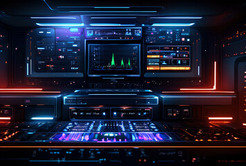 Obraz premium DJ music equipment turntable with neon lights, mixer, stand with amplifier and equalizer with display, edm music club, generative ai