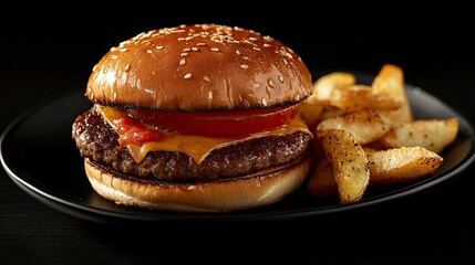 Free A gourmet cheeseburger served with crispy wedges and tomatoes on a sleek black plate. Stock Photo