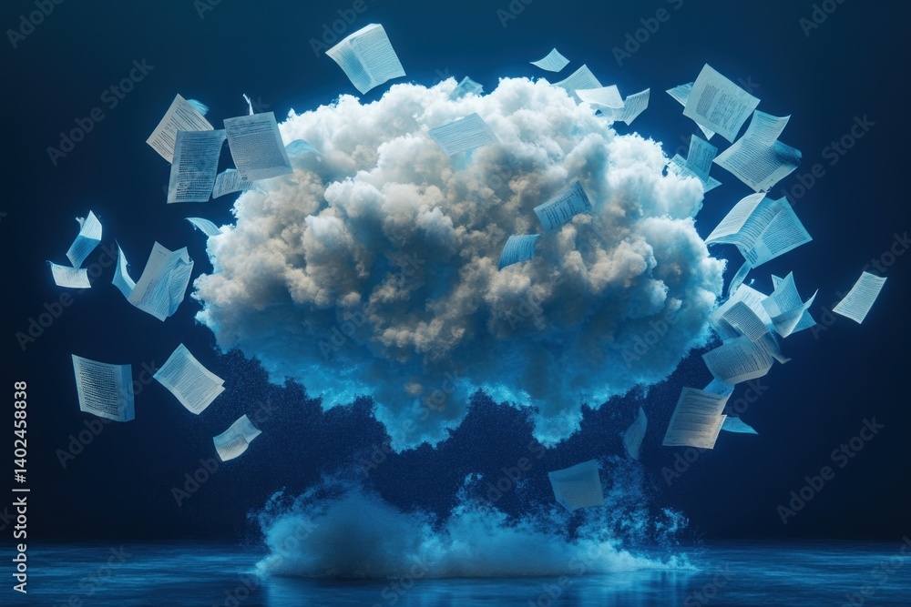 Poster a cloud-like brain surrounded by floating documents represents the fusion of knowledge, creativity, 