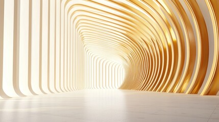 Gold and white architectural tunnel interior, light and space