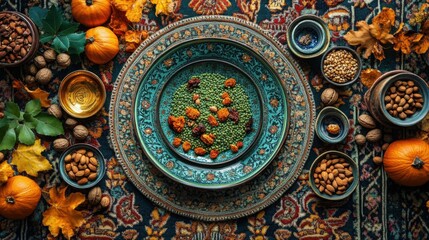 Obraz premium Vibrant green semeni, surrounded by decorative festive dishes and nuts on a richly patterned carpet