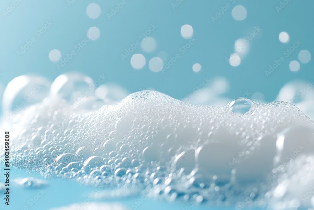 Poster delicate white foam bubbles gather on a soft blue surface, creating a serene, calming effect with th