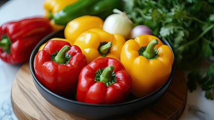 Free A vegetable salad featuring peppers and onions in a black bowl on a wooden board. Stock Photo