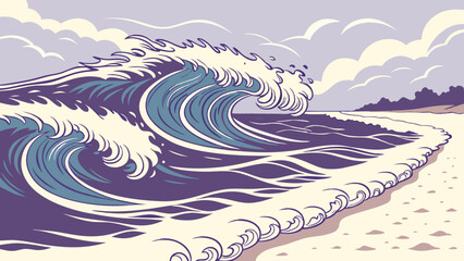 Vibrant abstract ocean art with swirling blues, purples, and whites, capturing dynamic wave motion and fluidity.
