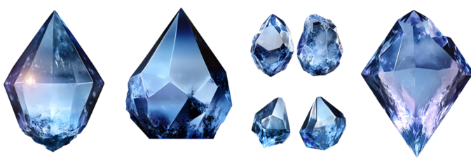 A set of blue, natural, faceted crystals of various shapes. Isolated on transparent background. KI.