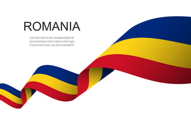 Romania flag on Waving ribbon, Romania Independence Day.
