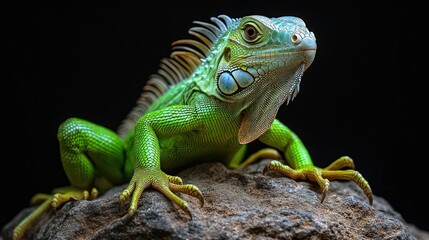 Obraz premium The vibrant green iguana rests elegantly on a rock, showcasing its unique features and textures against a black backdrop that enhances its colors