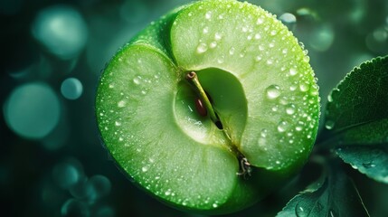 A green apple sliced in half shows seeds and core illustration