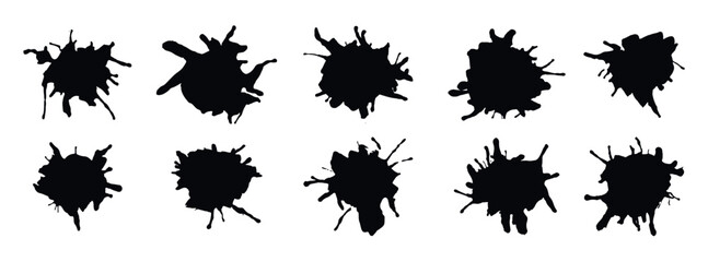 Black paint blots collection of vector icons. Cartoon paint splatters and ink splashes., vector illustration