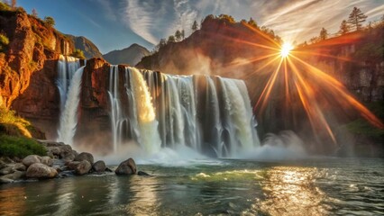 Fototapeta premium A stunning waterfall cascades into a serene river, illuminated by a radiant sunset, surrounded by mountains and vibrant foliage.