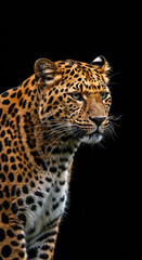 Obraz premium Intense gaze of a leopard, close-up face portrait showing spots and whiskers. Powerful wildlife photography mobile wallpaper, vertical big cat background screen graphic.