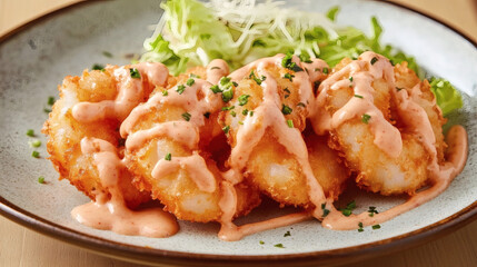 Fried Shrimp with Creamy Sauce: Crispy Seafood Garnished with Herbs and Spicy Dipping Sauce